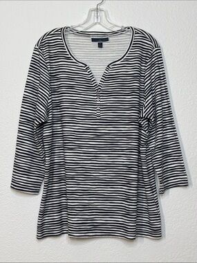 Karen Scott Striped Long Sleeve Henley NWOT 1X Dark Navy and White